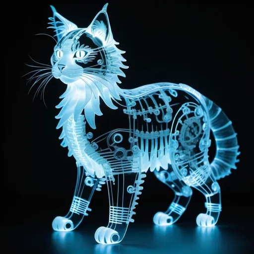 Prompt: **Bioluminescent transparent mechanical maine coon cat made from hylozoic techno-construction lace circuitry,