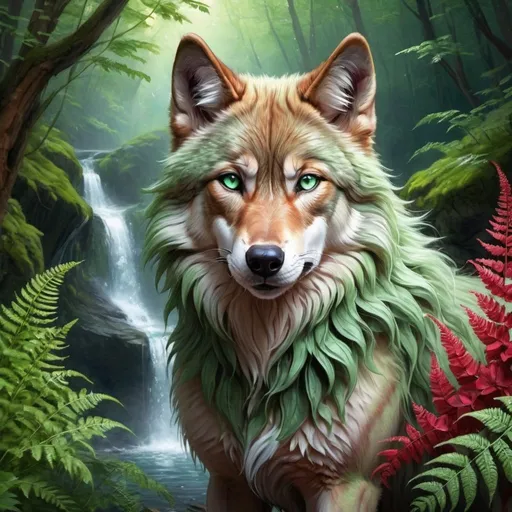 Prompt: portrait of a stunning beautiful wolf with {shiny garnet and crimson fur} and {intricately detailed 8k mint green eyes}, feral wolf, quadruped, young vixen, kitsune, nine-tailed wolf, beautiful 8k eyes, elegant {crimson and garnet fur}, fine oil painting, stunning, gorgeous, back view, gazing at viewer, wind element, beaming green eyes, (raised tail:2.5), glistening scarlet fur, surrounded by flowers and ferns, draped in ferns, 64k, hyper detailed, expressive, witty, graceful, beautiful, expansive silky mane, crystal mountain cave, secluded crystal lake, crystal waterfall, golden ratio, precise, perfect proportions, vibrant, standing majestically on a tall crystal stone, hyper detailed, complementary colors, UHD, HDR, top quality artwork, beautiful detailed background, detailed pixel art you have a clear view of the clear blue waterfall
