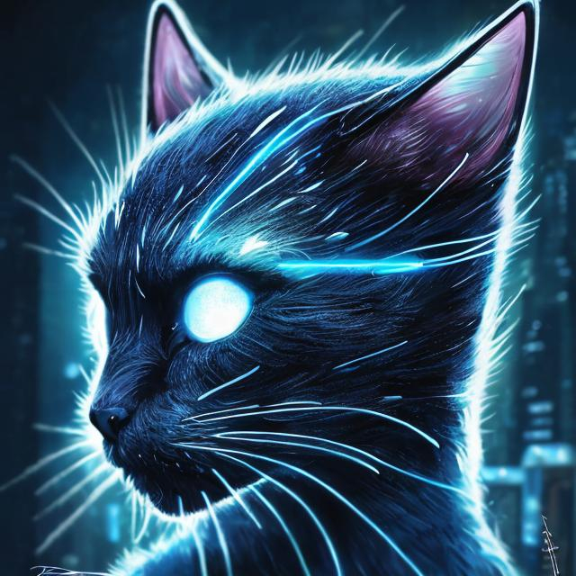 Prompt: Detailed sci-fi illustration of a dark blue cat accents of light blue, futuristic setting, glowing neon lights, detailed fur with cool reflections, intense and focused gaze, high-tech cybernetic enhancements, best quality, highres, ultra-detailed, sci-fi, futuristic, detailed fur, intense gaze, cybernetic enhancements, cool tones, atmospheric lighting