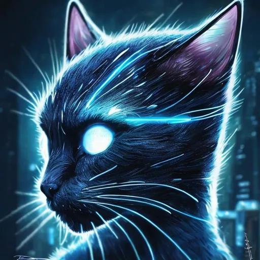 Prompt: Detailed sci-fi illustration of a dark blue cat accents of light blue, futuristic setting, glowing neon lights, detailed fur with cool reflections, intense and focused gaze, high-tech cybernetic enhancements, best quality, highres, ultra-detailed, sci-fi, futuristic, detailed fur, intense gaze, cybernetic enhancements, cool tones, atmospheric lighting