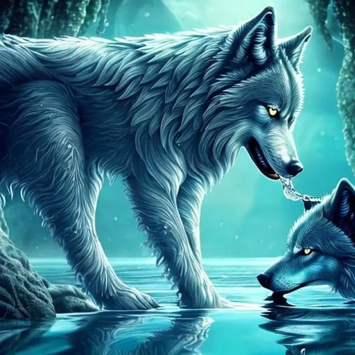 Prompt: a wolf drinking out of a beautiful sea lots of detail