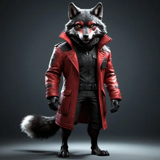 Prompt: black and red wolf vulpera, dark fur, anthropomorphic, full body, sci fi agent, uhd, photorealistic, very detailed
