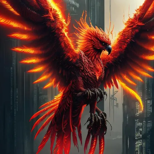 Prompt: High-res, ultra-detailed, sci-fi red Phoenix, intricate black accents, majestic wingspan, intense fiery gaze, futuristic setting, sleek and streamlined design, vibrant red tones, atmospheric lighting, detailed feathers, professional, digital art, cyberpunk, futuristic, intense