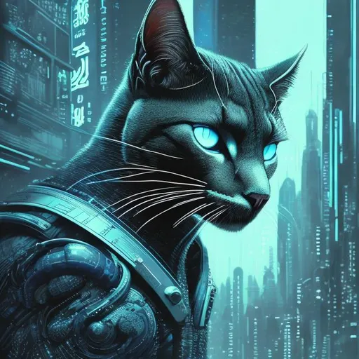 Prompt: Ultra-detailed, highres, cool-toned sci-fi illustration of a sleek cat, shades of blue and black, futuristic cyberpunk setting, detailed fur with cool reflections, intense and focused gaze, high-tech collar, city lights casting a cool glow, cybernetic enhancements, glowing futuristic cityscape, futuristic technology, detailed eyes, sleek design, professional, atmospheric lighting