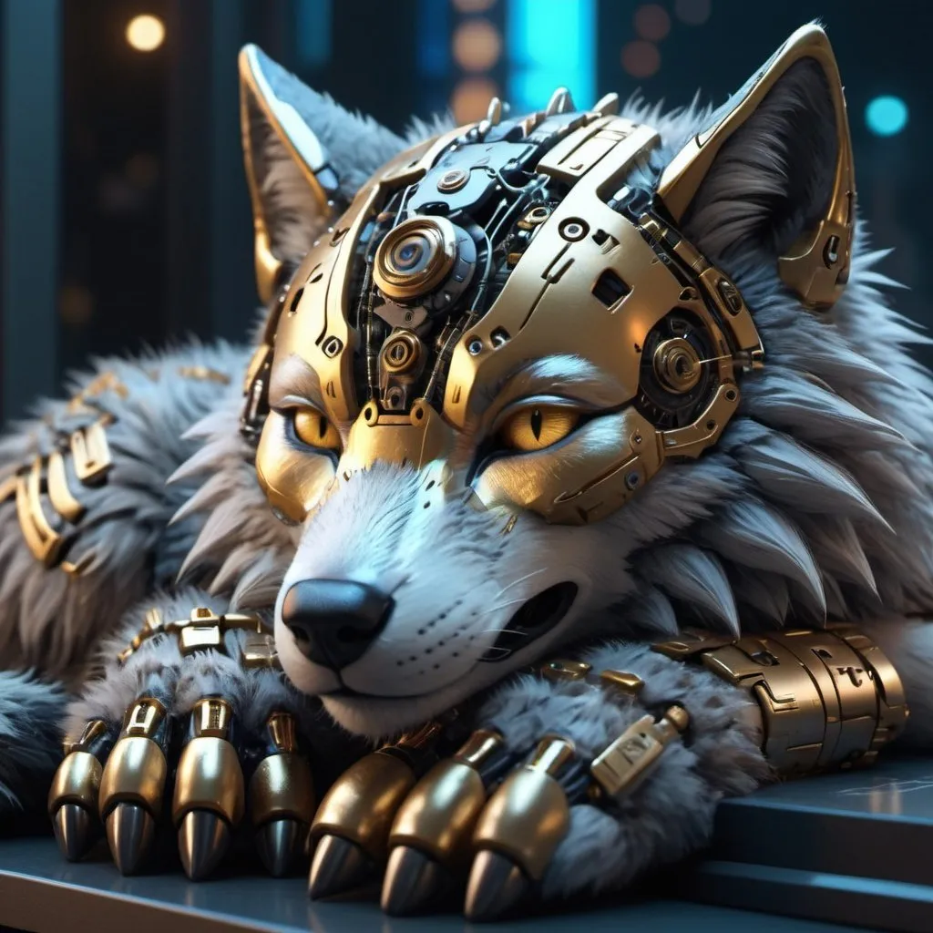 Prompt: Highly detailed wolfpunk scene cub sleeping, hyper-realistic 4K rendering, volumetric lighting, HD quality, futuristic cityscape backdrop, mechanical feline with intricate joints and circuit patterns, cool-toned futuristic atmosphere, detailed fur with lifelike textures, cyberpunk aesthetic, ultra-detailed, volumetric lighting, professional rendering, HD, 4K gold eyes sleeping fluffy 