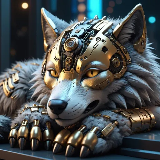 Prompt: Highly detailed wolfpunk scene cub sleeping, hyper-realistic 4K rendering, volumetric lighting, HD quality, futuristic cityscape backdrop, mechanical feline with intricate joints and circuit patterns, cool-toned futuristic atmosphere, detailed fur with lifelike textures, cyberpunk aesthetic, ultra-detailed, volumetric lighting, professional rendering, HD, 4K gold eyes sleeping fluffy 