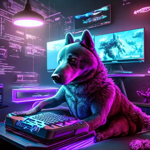 Prompt: Detailed illustration of a purple dog playing video games, futuristic gaming setup, intense focus, ultra-detailed, cool tones, cyberpunk, professional, futuristic, digital art, highres, detailed fur, gaming console, futuristic environment, LED lighting, futuristic gaming technology