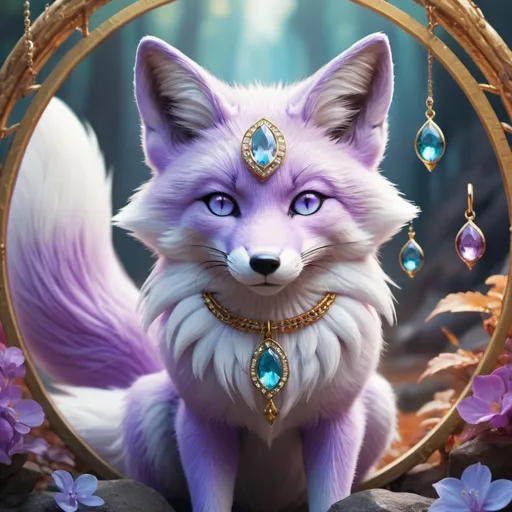 Prompt: (best quality:1.4), (masterpiece:1.4), ((Calarts style)), fluffy lilac Fox, Fox, 9 tailed fox, jewelry with precious stones, dazzling crystal blue eyes, lush canyon, standing on a magic circle, vibrant colors, concept art style, high quality, extreme detail, blur, depth of field, and blurred foreground, glitch-free, UHD, trending, professional shading, golden ratio, complementary colors 
