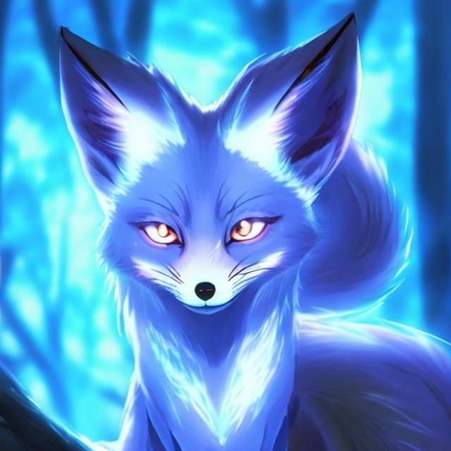 Prompt: a glowing blue fox anime