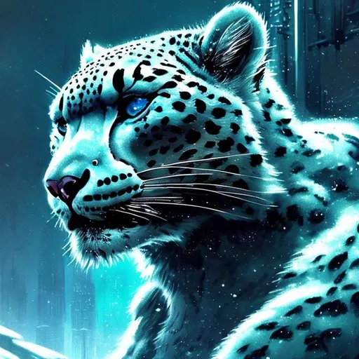Prompt: Cool-toned sci-fi illustration of a majestic snow leopard, shades of blue and white, futuristic snowy landscape, high-tech enhancements with detailed cybernetics, intense and mysterious gaze, snowy terrain with futuristic elements, best quality, highres, ultra-detailed, sci-fi, cool tones, futuristic, detailed fur, cybernetic enhancements, mysterious, snowy landscape, professional, atmospheric lighting