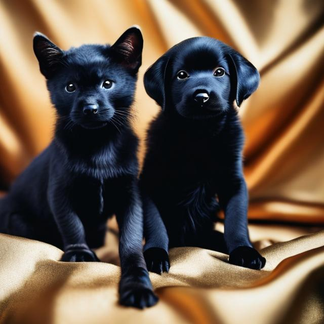 Prompt: a black puppy and a blue cat in gold armor snuggling