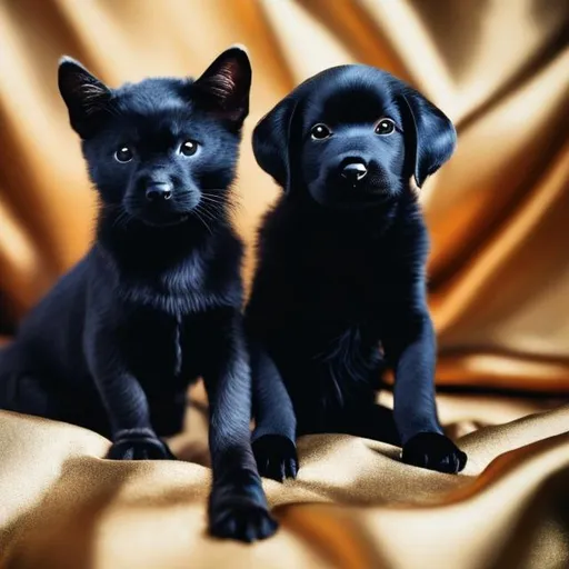 Prompt: a black puppy and a blue cat in gold armor snuggling