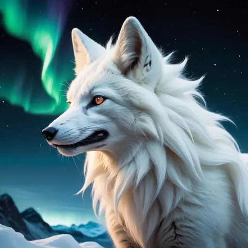 Prompt: {alolan Ninetales}, growling, fox, maned wolf, kitsune, ice element, detailed artwork, portrait, glistening ice blue fur, 8k, detailed background, auroras, brilliant night sky, mischievous, thick billowing mane, hyper realism, realistic, hyper realistic       with the northern lights in the sky no orang some blue mixed in with the white fur
