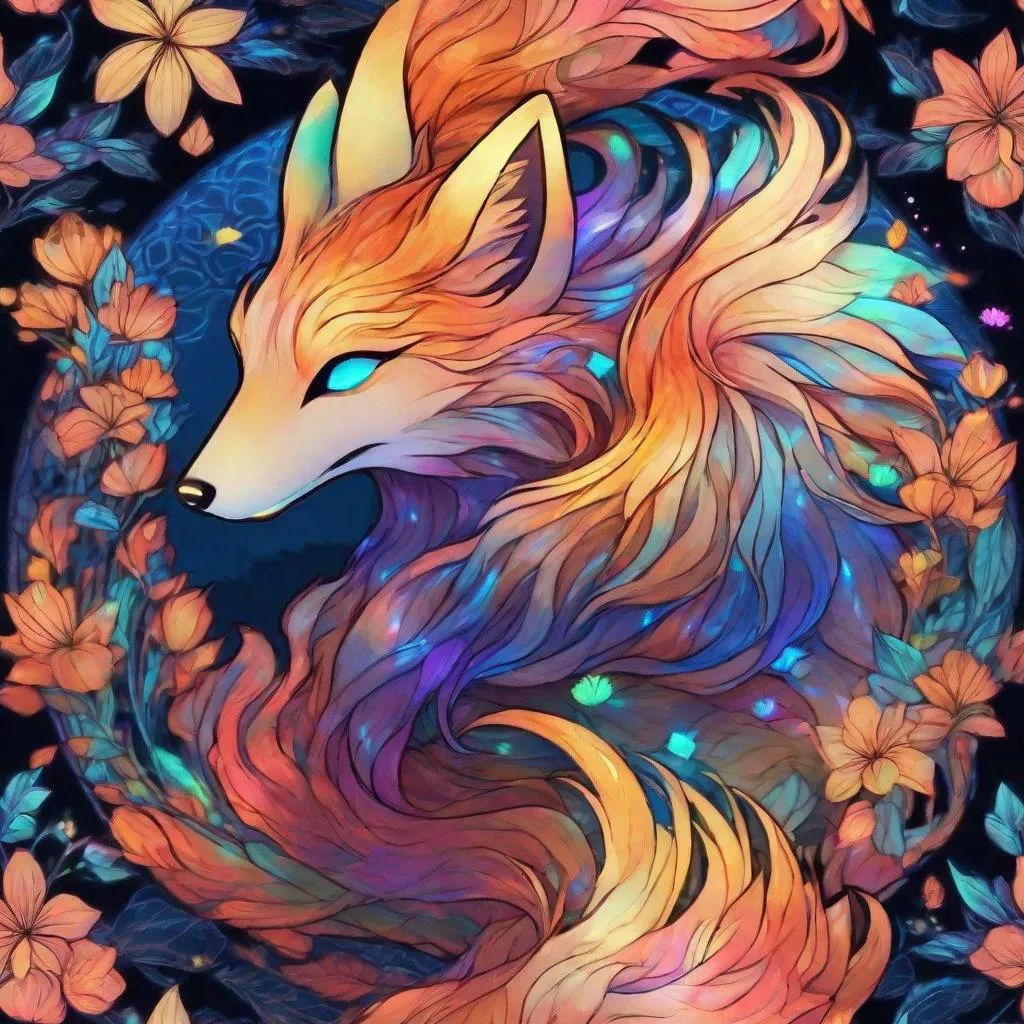 Prompt: Colorful translucent kyūbi no kitsune, glowing