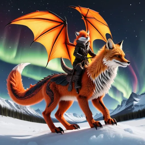 Prompt: black and red fox riding a orang and yellow fire dragon with some ice and northern lights detailed hyper realistic the black and red fox and the dragon are in the sky the fire dragon has wings and a dragon tail make sure it has dragon wings and tail the black and red fox is riding the dragon there should be no blue. northern lights in the sky
