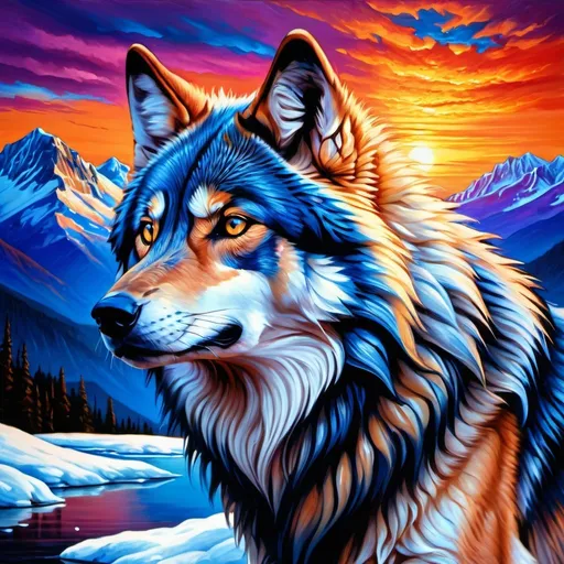 Prompt: detailed oil portrait of a stunning beautiful blue wolf with {cobalt blue fur} and {sunset orange eyes}, nine-tailed wolf, nine fluffy silver tails, blue nose, feral, kitsune tails, quadruped, tom wolf, Warrior wolf by Erin Hunter, gorgeous anime portrait, intense cartoon, beautiful 8k eyes, kitsune, nine-tailed wolf, ice element, detailed fine fur, fine oil painting, stunning, gorgeous, gazing at viewer, beaming eyes, lake shore sunrise, perfect reflection, shimmering, professional shading, sharply focused red clouds, highly detailed jagged ice-capped mountain vista, brilliant sunrise on purple sky, (horizontal background), 64k, hyper detailed, expressive, clever, beautiful, thick silky mane, golden ratio, symmetric, accurate anatomy, precise, perfect proportions, vibrant, standing majestically on a mountain, hyper detailed, complementary colors, UHD, HDR, top quality artwork, beautiful detailed background, unreal 5, artstaion, deviantart, instagram, professional, masterpiece
