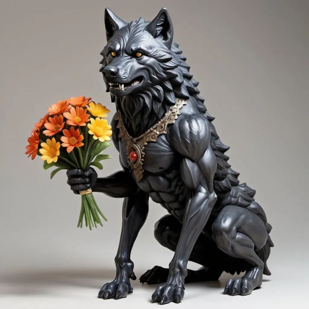 Prompt: a black man wolf holding flowers detailed the wolf man is furry\fluffy the wolf man looks like a black wolf standing on two legs and has human arms with fur (CUTE) fur all over the wolf