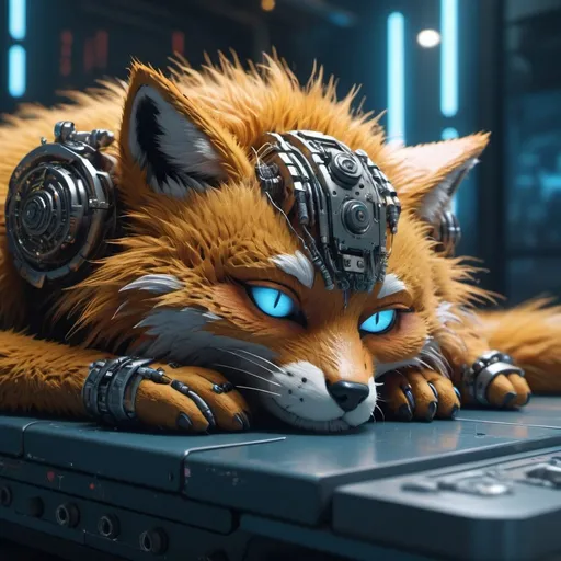 Prompt: Highly detailed foxpunk scene sleeping, hyper-realistic 4K rendering, volumetric lighting, HD quality, futuristic cityscape backdrop, mechanical feline with intricate joints and circuit patterns, cool-toned futuristic atmosphere, detailed fur with lifelike textures, cyberpunk aesthetic, ultra-detailed, volumetric lighting, professional rendering, HD, 4K blue eyes sleeping