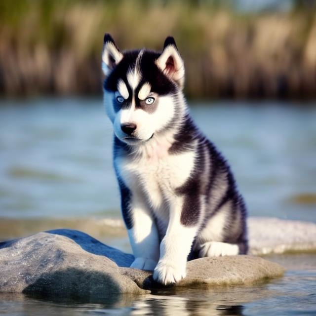 Prompt: a husky puppy in the shore water