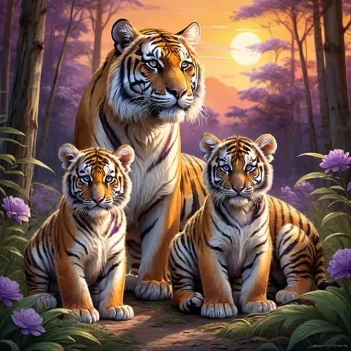 Prompt: Detailed illustration of a majestic tiger and two cubs in a lush forest clearing at sunset, warm and vibrant color tones, high quality, realistic, detailed fur, serene atmosphere, focused mother tiger, peaceful sunset, sleepy cub, sitting cub, forest setting, natural lighting lots of flowers around the tigers all of the tigers have accents of purple and blue and gold eyes 