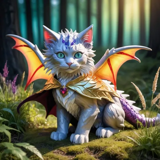 Prompt: bright sun shining, light gold cat in a grass patch in the forest detailed hyper realistic good lighting nice and sunny and shiny, magic theme. magic blue and red particles glowing eyes the cat is light silver with accents of purple .wild cat dragon waring a black cloak warrior siting in hyper realistic fantasy forest future seen with northern lights above the wild cat waring a cloak warrior the wild cat dragon has two dragon wings cute detailed
