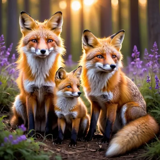 Prompt: Detailed illustration of a majestic foxes with accents of purple and blue foxes and two cubs in a lush forest clearing at sunset, warm and vibrant color tones, high quality, realistic, detailed fur, serene atmosphere, focused mother foxes, peaceful sunset, sleepy cub, sitting cub, forest setting, natural lighting lots of flowers around the foxes all of the foxes have accents of purple and blue and gold eyes the foxes (bright lighting) no trees blocking the sunset