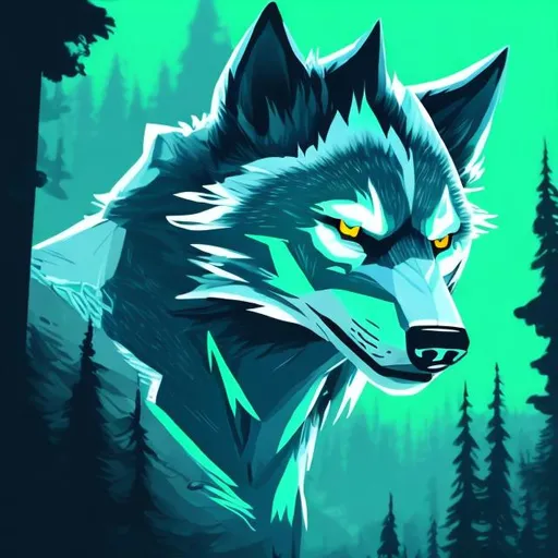 Prompt: sci fi light blue wolf with accents of black detailed in a bright green forest good lighting