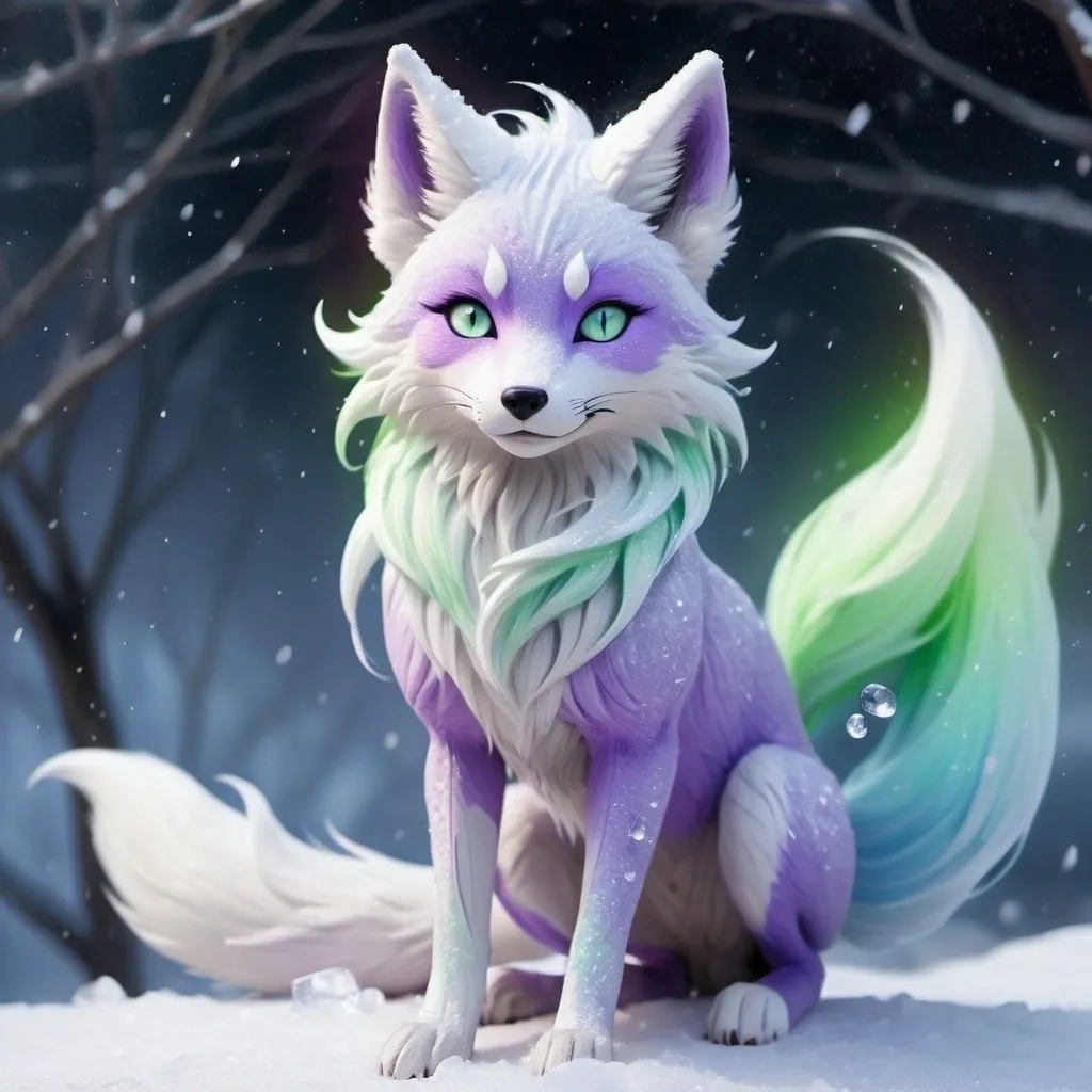 Prompt: ice elemental fox, feral vixen, kitsune, nine-tailed fox, snowy lilac fur, bright rainbow green aurora eyes, periwinkle purple ears, frost, falling snow, shattered ice, soft moonlight,stunning youthful vixen, gazing at viewer, gorgeous, muscular forelegs, flowing aurora hair, athletic, agile, small but absurdly powerful, enchanting, timid
