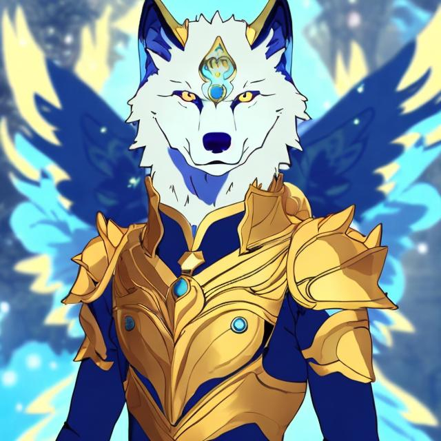 Prompt: a gold wolf with gold hock wings and a glowing blue chest and some blue on its tale anime boy