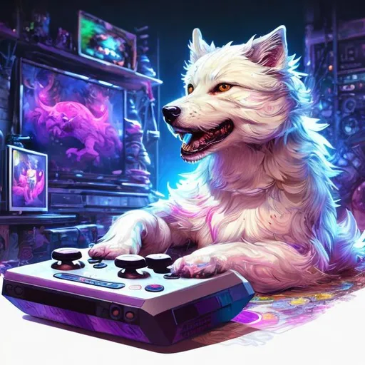 Prompt: Detailed digital illustration of a playful white dog, intricate video game setup, high-res, ultra-detailed, digital painting, vibrant and colorful, whimsical, cute and lively, detailed fur with soft highlights, focused and joyful expression, modern gaming console with realistic lighting, immersive gaming environment, colorful and dynamic, professional, realistic lighting