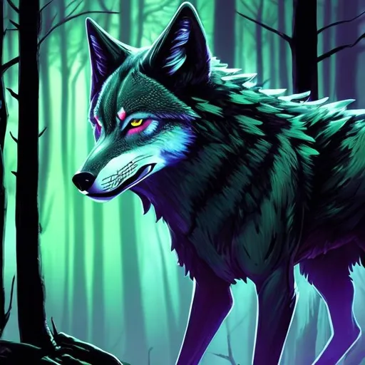 Prompt: sci fi light red wolf with accents of black detailed in a bright green forest good lighting