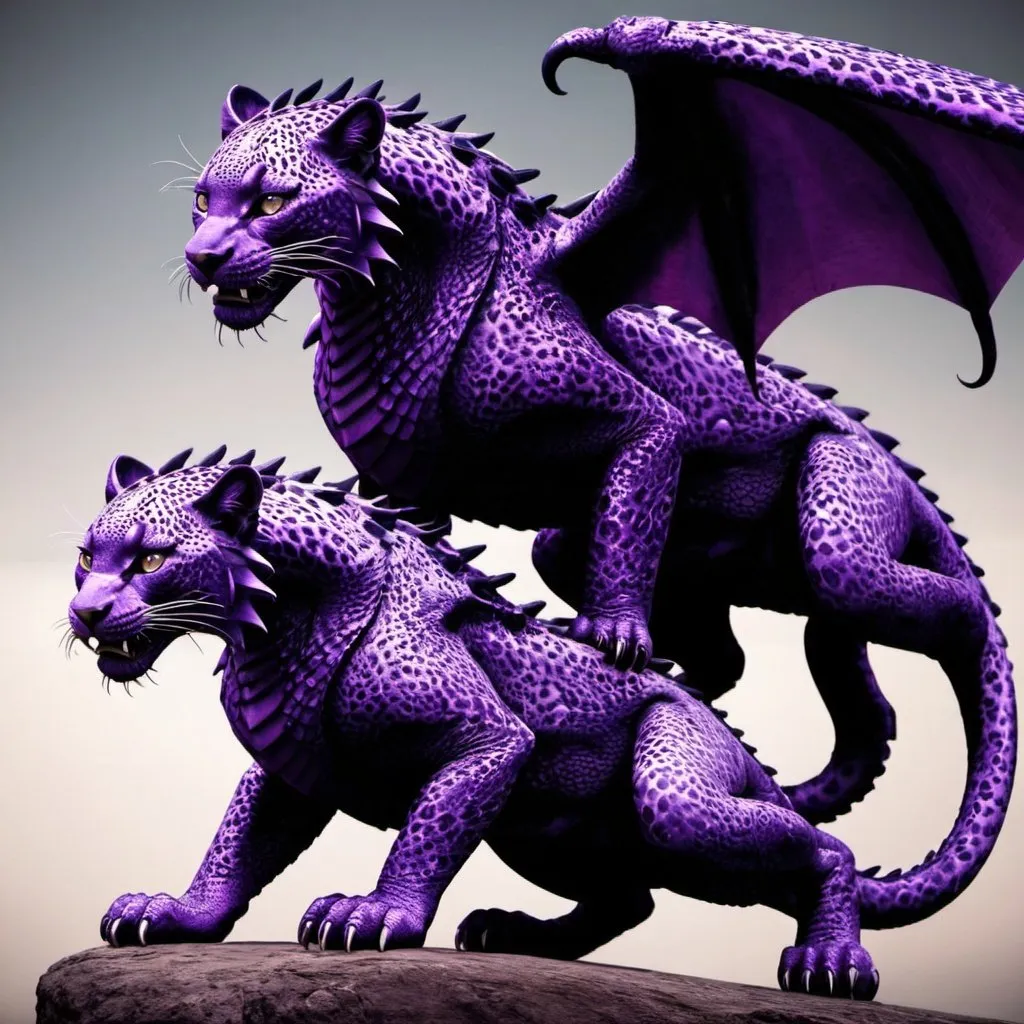 Prompt: two purple leopards ridding a black dragon two dragon wings and the black dragon looks like a dragon the two purple leopards look like leopards detailed