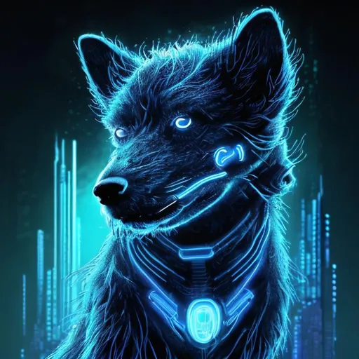 Prompt: Detailed sci-fi illustration of a dark blue dog accents of light blue, futuristic setting, glowing neon lights, detailed fur with cool reflections, intense and focused gaze, high-tech cybernetic enhancements, best quality, highres, ultra-detailed, sci-fi, futuristic, detailed fur, intense gaze, cybernetic enhancements, cool tones, atmospheric lighting