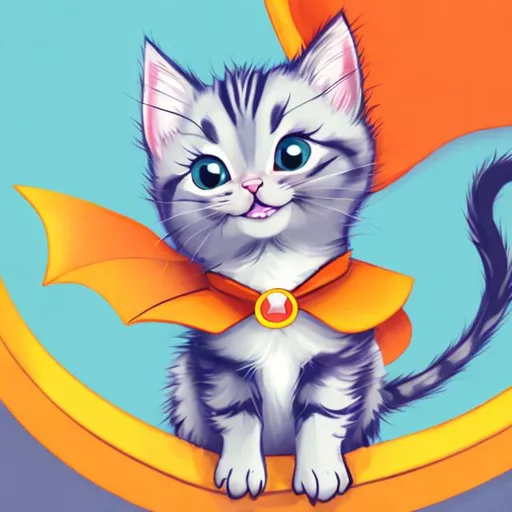 Prompt: Cartoon gray kitten with white strips and an orange cape flying, vibrant and whimsical art style, bright and warm color tones, dynamic and joyful expression, high quality, cartoon, flying kitten, whimsical, vibrant colors, joyful expression, warm tones, dynamic movement, detailed fur, colorful cape, high quality