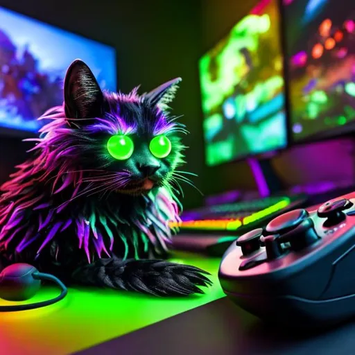Prompt: Detailed black cat playing video games, high-res, vibrant colors, cartoon, playful, detailed fur, focused expression, glowing controller, cozy gaming setup, warm and bright lighting