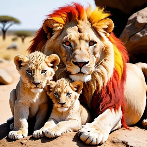 Prompt: white lion with red orange and yellow mane and silver eyes the fluff at the end of the lions tail is gold, with its two lion cubs, one lion cub is red and orange, the other is silver and yellow detailed the lions are on a rock surrounded with rock and sand/the savanna, make sure the lion and its two cubs have the color in the prompt