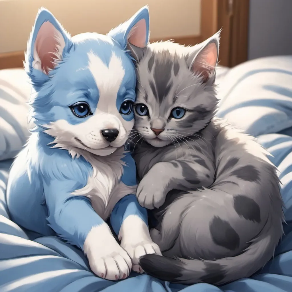 Prompt: a puppy and a kitten both blue with gray they are snugging anime