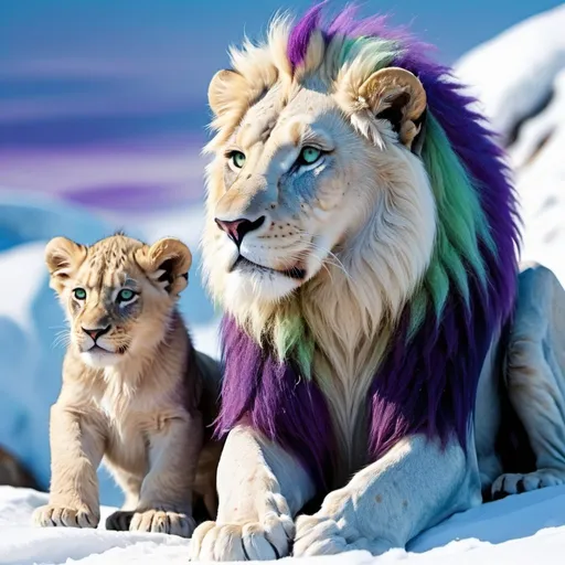Prompt: white lion with green blue and purple mane and gold eyes the fluff at the end of the lions tail is silver, with its two lion cubs, one lion cub is blue and purple, the other is silver and gold detailed the lions are on a rock surrounded with snow and ice/the artic,