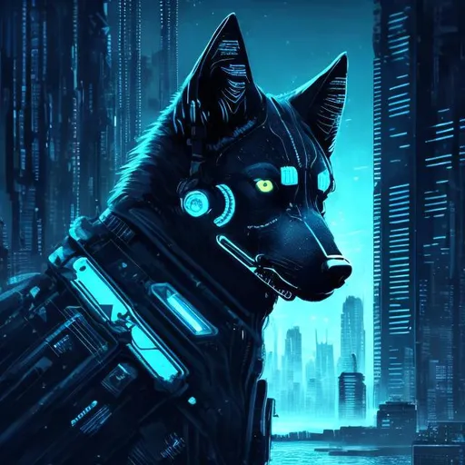 Prompt: Detailed, sleek black sci-fi wolf with glowing blue accents, intense and focused gaze, futuristic cyberpunk setting, high-tech collar, urban city lights, best quality, highres, ultra-detailed, sci-fi, cyberpunk, cool tones, detailed eyes, professional, atmospheric lighting