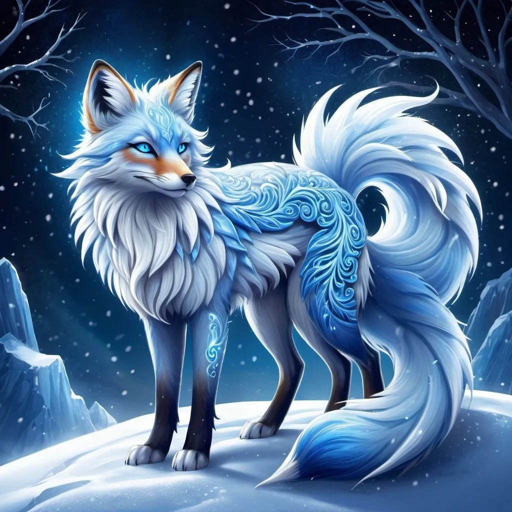 Prompt: Fantasy illustration of a majestic nine-tailed ice elemental fox, cool blue fur, sparkling dark blue eyes, feral design, soft moonlight, enchanting, falling snow, shoots ice from tails, wise, beautiful, professional, fantasy style, cool blue tones, detailed fur, magical atmosphere
