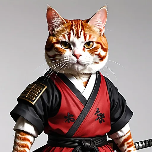 Prompt: A red and white cat wearing a black samurai outfit. Has a scar on face. Anime style, holding sword at the hilt hyper realistic
