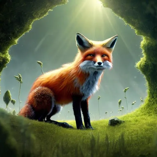 Prompt: fox made of grass and littel trees detailed futuristic settings sci fi