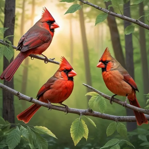 Prompt: red three cardinal birds in a (forest) one flying and the others siting on the branch close to the cardinal that is flying good bright lighting detailed hyper realistic (beautiful) nice light bright green leaves on the trees sunset in background