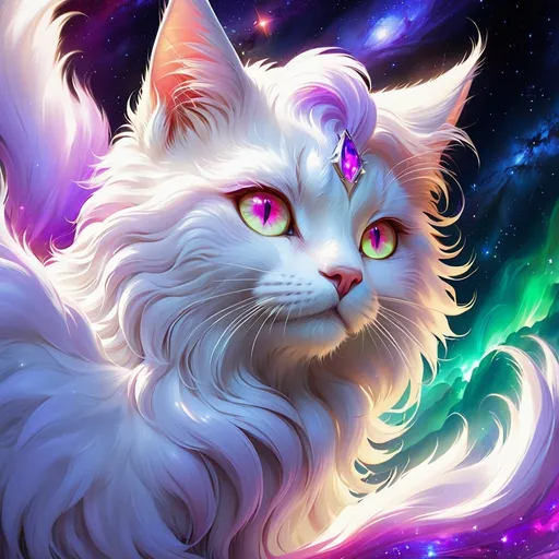 Prompt: clawmaster cat with {white fur} and {amethyst purple eyes}, elder female cat, cosmic auroras, Erin Hunter, gorgeous anime portrait, beautiful cartoon, 2d cartoon, beautiful 8k eyes, elegant {white fur}, glossy sheen fur, pronounced scar on chest, fine oil painting, modest, gazing at viewer, beaming red eyes, glistening red fur, low angle view, zoomed out view of character, 64k, hyper detailed, expressive, timid, graceful, beautiful, expansive silky mane, deep starry sky, golden ratio, precise, perfect proportions, vibrant, standing majestically on a tall crystal stone, hyper detailed, complementary colors, UHD, HDR, top quality artwork, beautiful detailed background, unreal 5, artstaion, deviantart, instagram, professional, masterpiece green tail