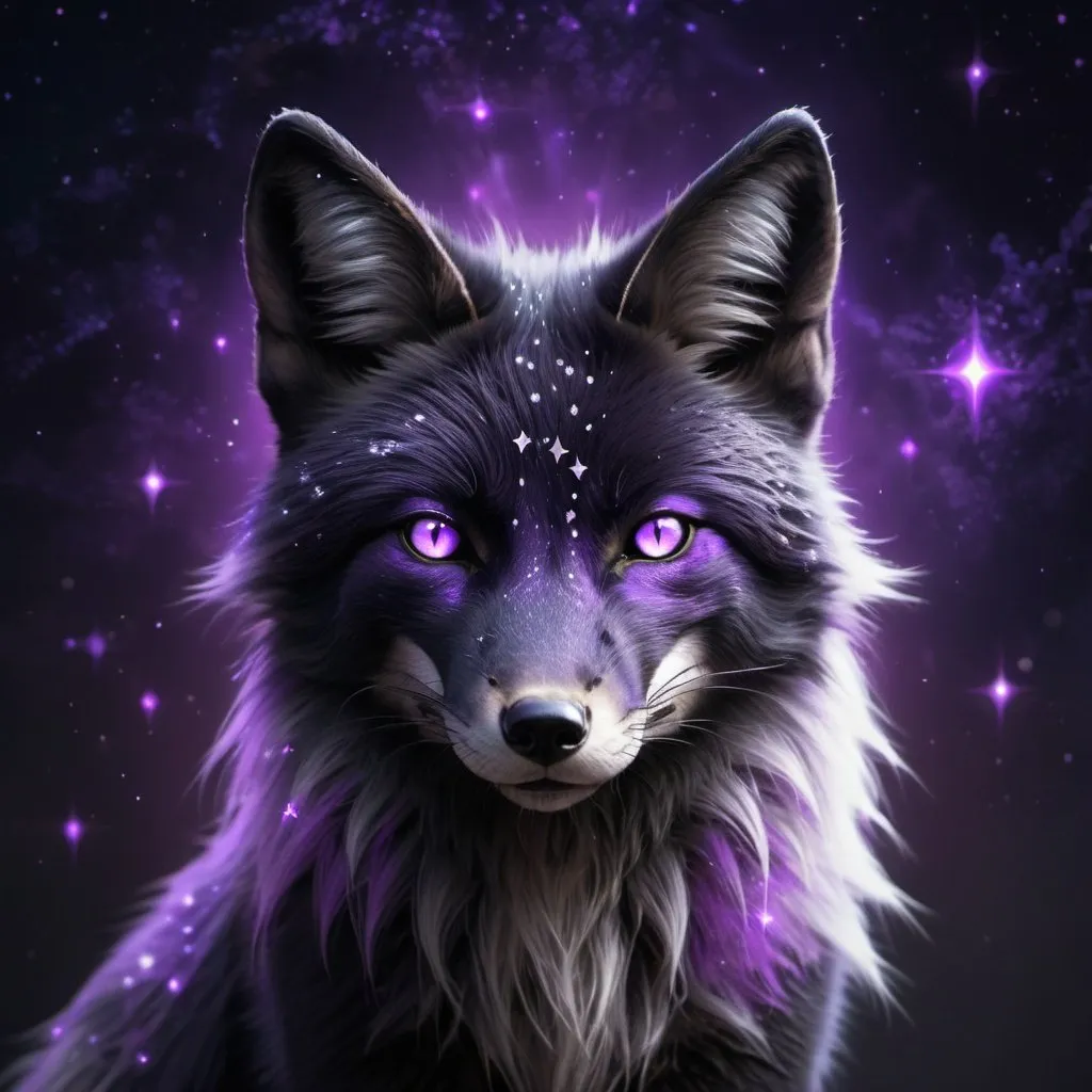 Prompt: Black fox with glowing purple stars, mystical fantasy theme, highres, detailed fur, atmospheric lighting, fantasy, mystical, detailed eyes, sleek design, professional, glowing purple stars, cool tones, detailed fur, atmospheric lighting