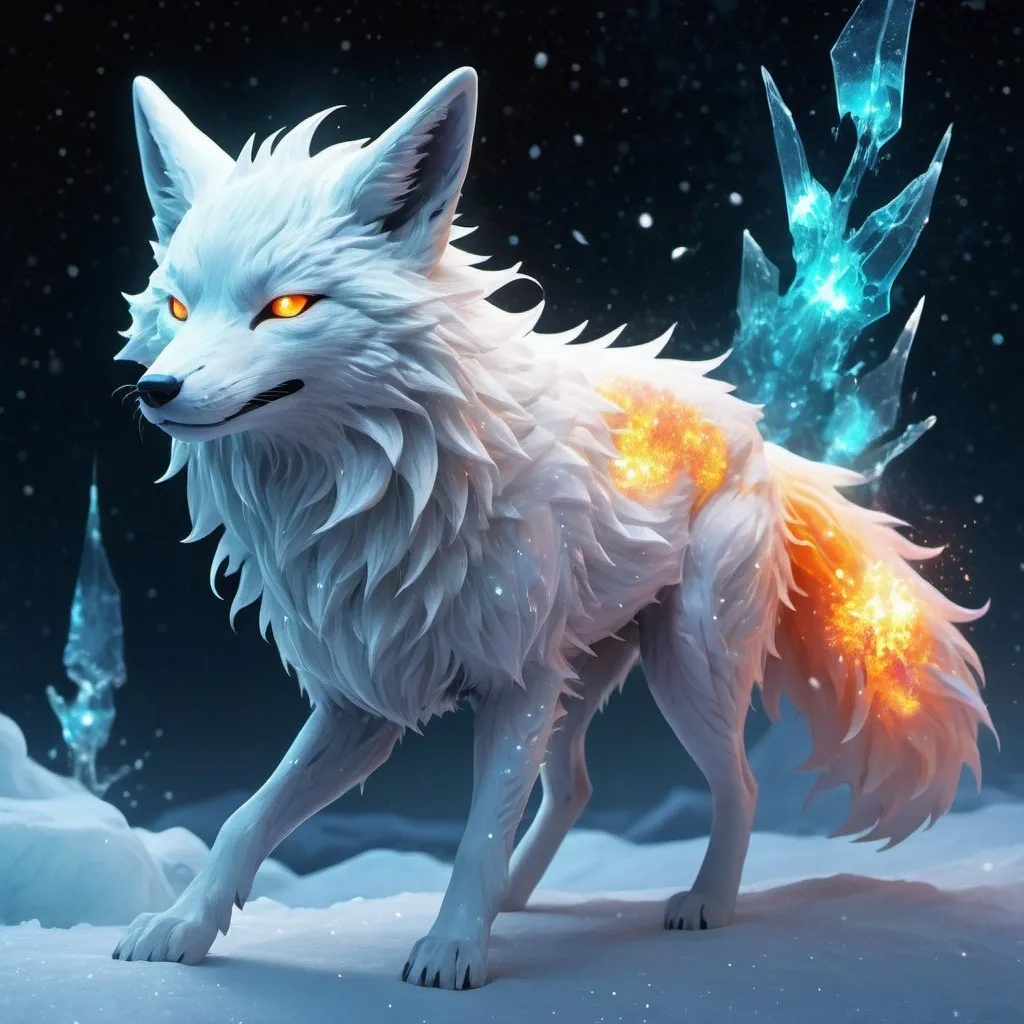 Prompt: Colorful translucent kyūbi no kitsune, glowing, nebula, glitter, den beneath the stars, bioluminescent, best quality, highres, concept art shattered ice fire in the ski worior white backroad
