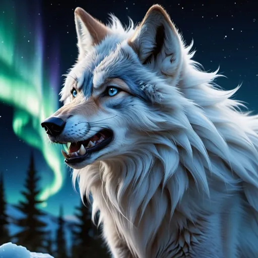 Prompt: ice element dark blue wolf with some light blue mixed in, {alolan Ninetales}, wolf, maned wolf, kitsune, ice element, detailed artwork, portrait, glistening ice blue mixed in with its dark blue fur, 8k, detailed background, auroras, brilliant night sky, mischievous, thick billowing mane, hyper realism, realistic, hyper realistic with the northern lights in the sky no orang and no whit at all
