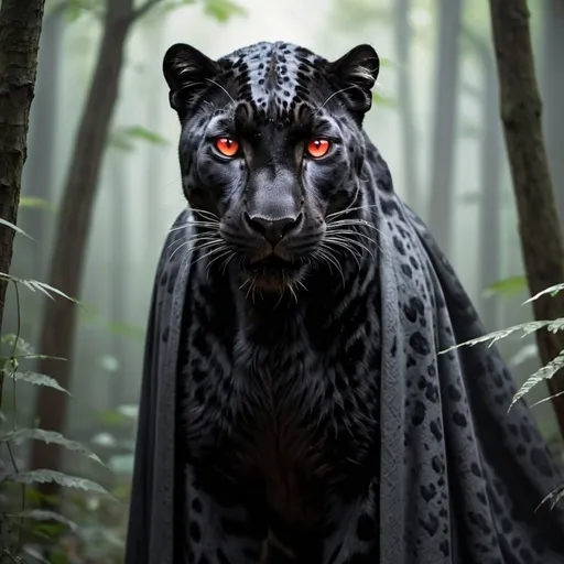 Prompt: a black leopard with a gray cloak and glowing red eyes the black leopards in human form standing in the end of a forest 