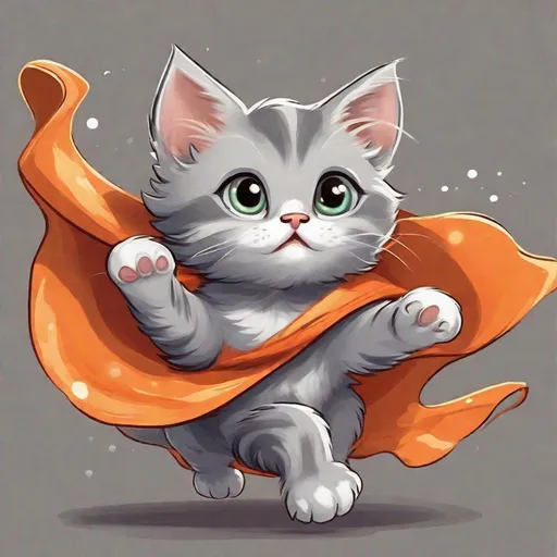 Prompt: Cartoon gray kitten with white strips and an orange cape flying, vibrant and whimsical art style, bright and warm color tones, dynamic and joyful expression, high quality, cartoon, flying kitten, whimsical, vibrant colors, joyful expression, warm tones, dynamic movement, detailed fur, colorful cape, high quality