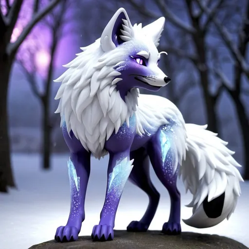 Prompt: ice elemental male fox, feral vixen, kitsune, nine-tailed fox, snowy lilac fur, bright rainbow purple aurora eyes, periwinkle purple ears, frost, falling snow, shattered ice, soft moonlight,stunning youthful vixen, gazing at viewer, gorgeous, muscular forelegs, flowing aurora hair, athletic, agile, small but absurdly powerful, enchanting, timid
